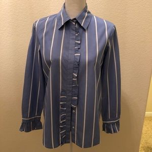 Zara Blue/White Striped Ruffled Button Down Top